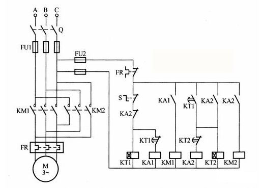 電動機正反轉糾偏(時間繼電器)控制電路接線圖